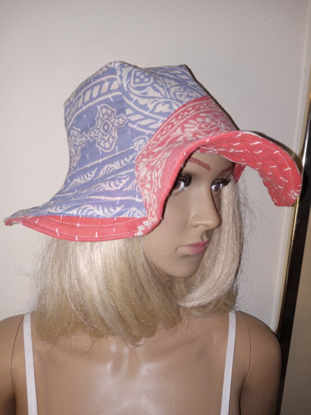 Kantha Sun Hat Blue Peach S/M Reversible Bucket Hat Handmade Cotton Boho KS3.